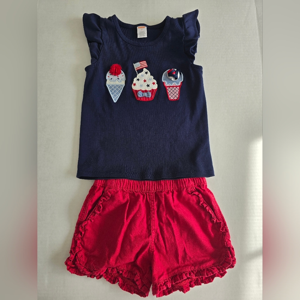 Girls 4th Of July Outfit 7 Blue Top Red Shorts Cupcake And Ice Cream With Ribbon